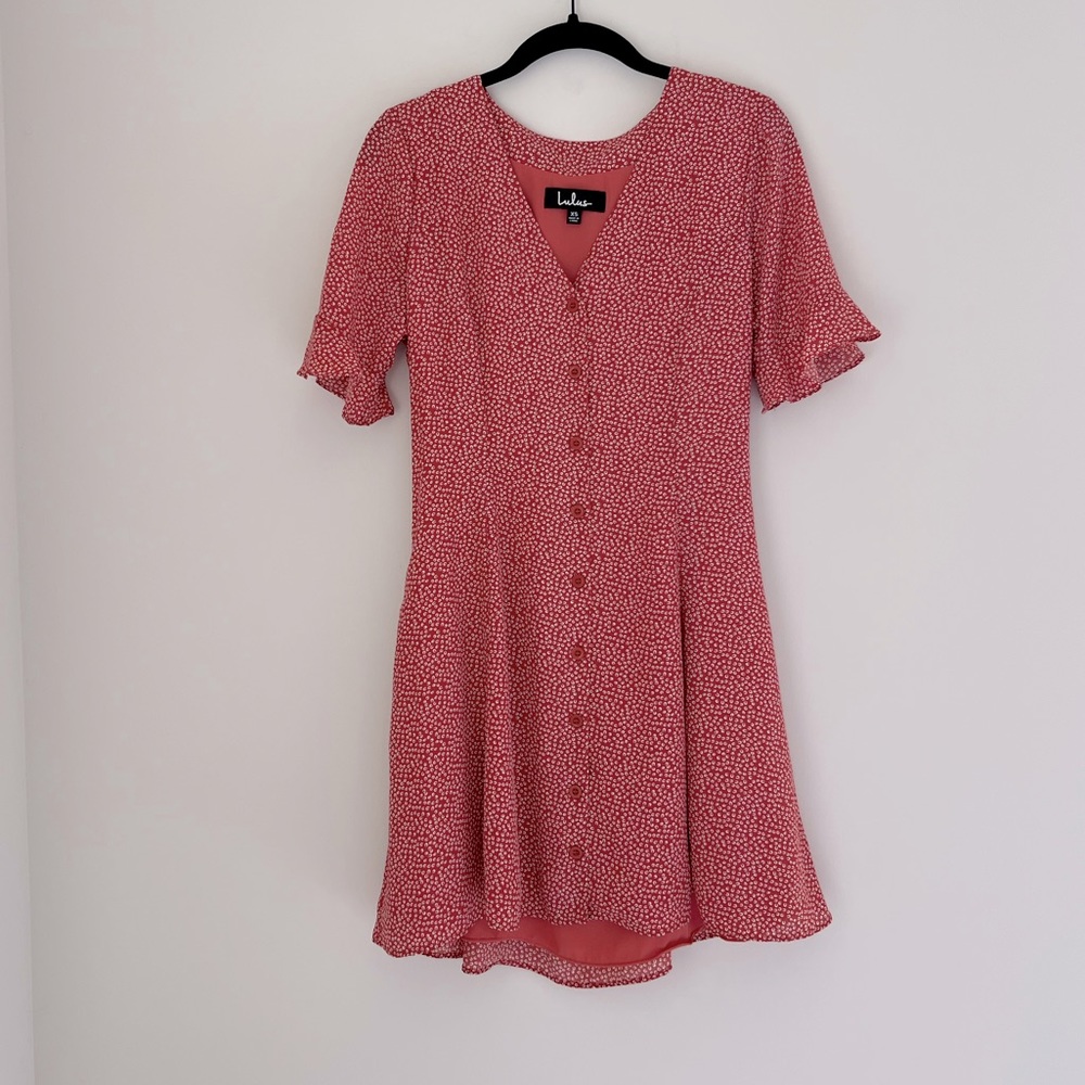 Lulus Castana Rust Red Print Button Up Dress Xs - image 3